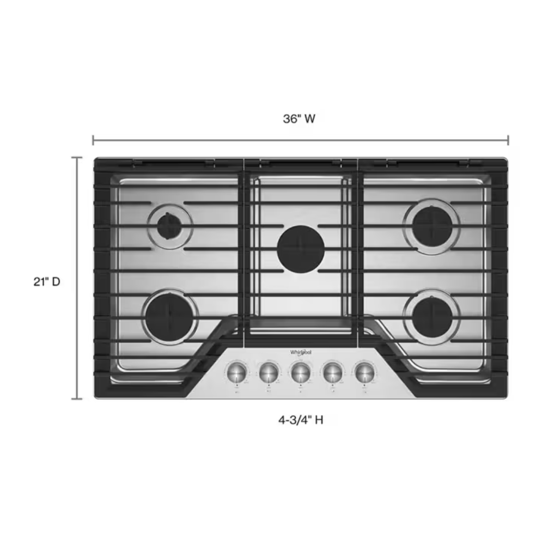 a gas de 36 pulgadas con 5 quemadores y rejillas de hierro fundido Whirlpool - WCGK7036PS - Imagen 5