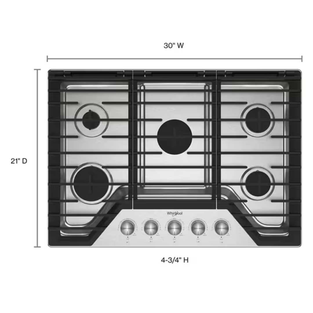 Cubierta a gas de 30 pulgadas con 5 quemadores y rejillas de hierro fundido Whirlpool - WCGK7030PS - Imagen 6